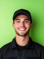 Portrait of a cheerful friendly looking young man with a warm smile standing in front of a vibrant green background photo