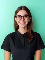 Portrait of a young smiling woman in a black shirt likely a salon manager with a cheerful and confident expression photo