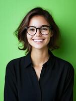 Portrait of a young smiling woman wearing glasses and a black shirt against a vibrant green background She appears friendly confident and engaged suggesting her role as a translator or interpreter photo