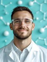 Portrait of a young smiling chemist wearing a lab coat and safety glasses standing in front of a vibrant colorful molecular background photo