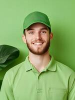 Portrait of a cheerful and friendly landscaping worker wearing a green uniform and hat standing in front of a solid green background and smiling confidently photo