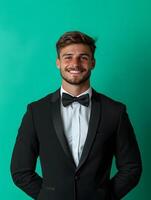 This image depicts a headshot of a young charismatic looking man wearing a black suit and bowtie standing against a vibrant green background and smiling confidently photo