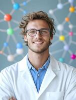Portrait of a young smiling molecular scientist in a lab coat and glasses surrounded by colorful scientific equipment and glassware photo