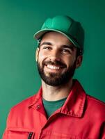 Portrait of a young smiling landscaping worker wearing a red uniform and green hardhat looking enthusiastic and confident in their profession photo