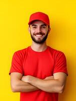 Portrait of a young smiling delivery driver wearing a red uniform and hat standing confidently with his arms folded against a vibrant yellow background photo