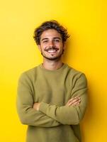 Upbeat portrait of a young charismatic man with a warm friendly smile dressed in casual attire and exuding an energetic engaging presence photo