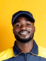 Headshot of a friendly and confident looking bus driver with a warm smile set against a vibrant yellow background photo