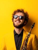 Portrait of a young smiling musician against a colorful background photo