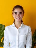 A young smiling receptionist in a formal white shirt poses for a portrait photo