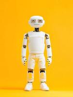 A friendly white robot stands confidently on a yellow background photo