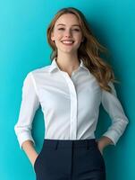 Cheerful young office manager smiling in front of a turquoise background photo