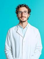 A young smiling computer scientist in a lab coat long title A headshot of a young friendly looking man with curly hair glasses and a white lab photo