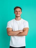 A young man smiles confidently in a portrait long title A friendly youthful man smiles warmly at the a positive and approachable energy against a photo