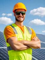 A young solar photovoltaic worker inspecting solar panels on a construction site photo