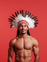 Confident Indigenous Chief Portrait on Vibrant Red Background photo