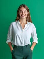 A smiling young woman in a white blouse against a green background photo