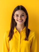 Cheerful young woman in yellow shirt smiling confidently photo