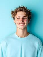 A young man smiles cheerfully in a portrait long title A close up portrait of a friendly youthful man with curly hair beaming a warm and charming photo