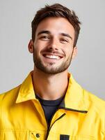 Cheerful young man in a yellow jacket smiling confidently photo