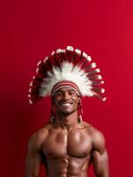 Smiling Chief in Colorful Tribal Headdress photo