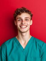 Portrait of a young smiling medical orderly against a vibrant red background photo
