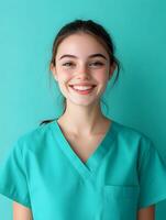 Portrait of a smiling caregiver on a color background photo