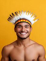Smiling young man wearing traditional tribal headdress photo