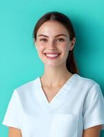 Portrait of a smiling young nurse against a solid color background photo