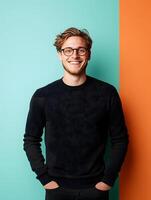 Young Smiling Editor Against Colorful Background photo