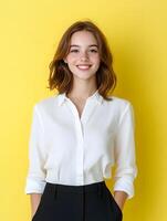 Young smiling woman in a white shirt for media relations photo