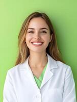 Young smiling medical laboratory technician in white coat photo
