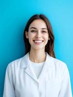 Portrait of a young smiling woman in a white coat photo