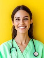 Smiling healthcare professional in green uniform photo