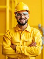 Portrait of a smiling petroleum engineer in a yellow hardhat photo