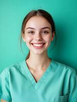 Portrait of a young smiling certified nursing assistant on a color background photo