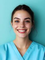 Portrait of a young smiling caregiver against a color background photo
