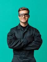Smiling young man in welding uniform photo