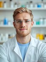 Young smiling man in a white lab coat standing in a medical laboratory photo