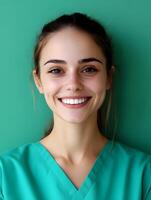 Portrait of a young smiling caregiver on a colorful background photo