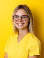 Smiling young woman in a yellow top portraying a friendly teaching assistant photo