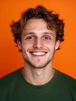 Portrait of a young smiling actor on a colorful background photo