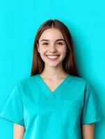 Portrait of a young smiling dental hygienist against a colorful background photo