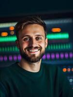 Portrait of a young smiling sound engineer on a colorful backdrop photo