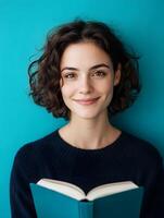 Portrait of a smiling young writer on a colorful background photo