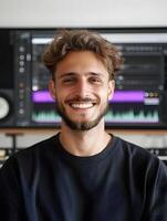 Young smiling music producer in a recording studio photo