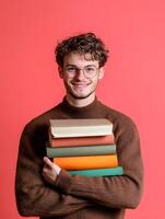 Young smiling novelist holding a stack of books photo