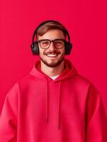 Portrait of a young smiling music producer against a colorful background photo