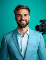 A young smiling director poses for a portrait long title A confident well dressed young man smiles at the in a studio setting his casual yet photo