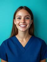 Young Smiling Dental Hygienist in Blue Scrubs photo