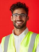 Young smiling safety engineer in protective gear photo
